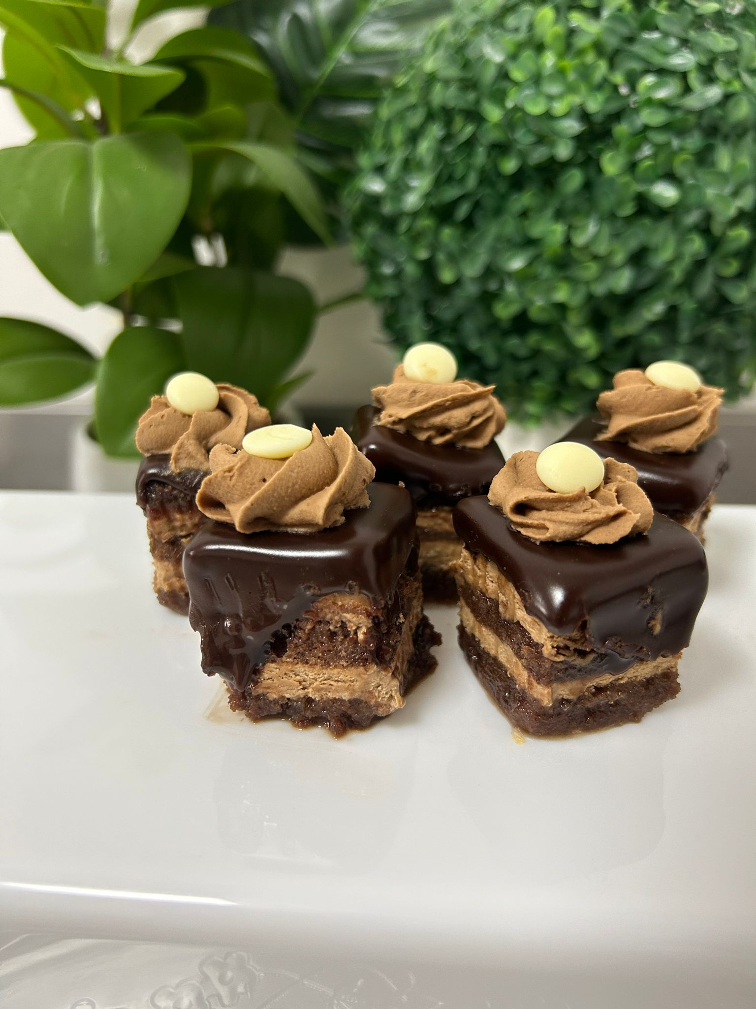 Mini Amandine cu blat cacao insiropat cu ROM, crema de ciocolata cu lapte si frisca.